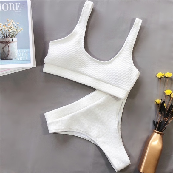 White Rib Knit High Waist 2 Piece Bikini Set - Picture 7 of 16